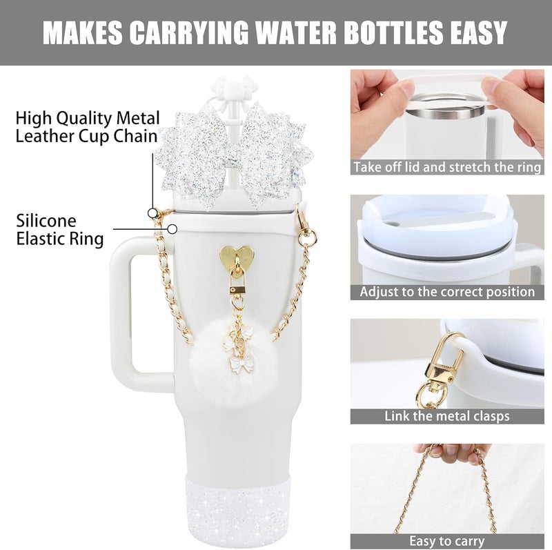 SEMATA Bling Accessories for Stanley Cup 40oz & 30oz Tumbler Including Silicone Cute Bow Straw Topper Cover, Silicone Boot for Stanley Cup,Leather Water Bottle Handle Strap, Charms(Pure White) - Image 2